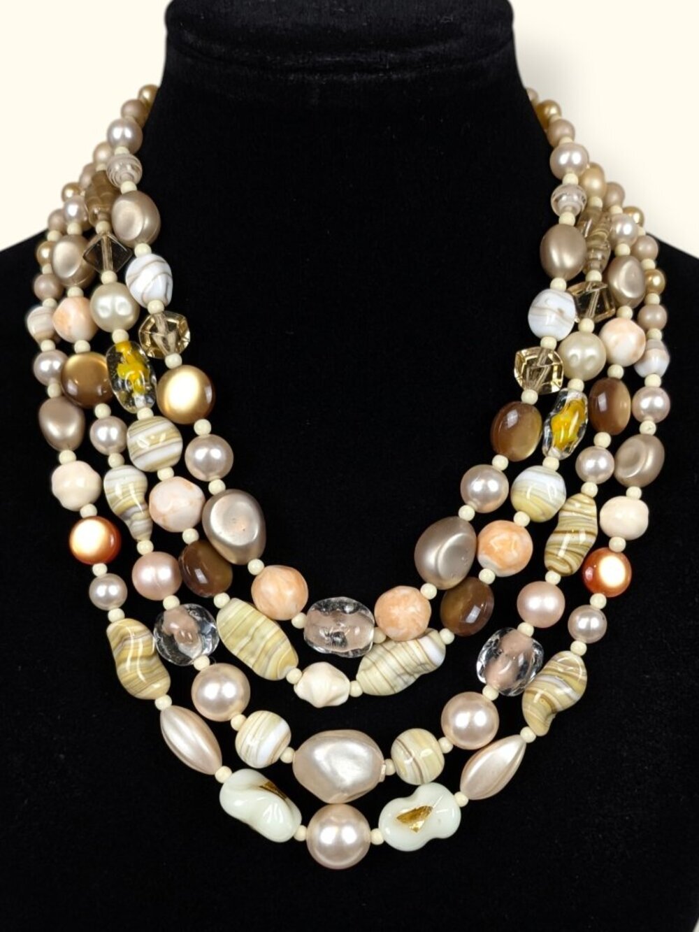 Vintage 4-Strand Multi-Stone Beaded Statement Necklace